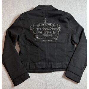 ELLE Denim Jean Jacket Womens Size L Black Unstoppable Rhinestone Crown